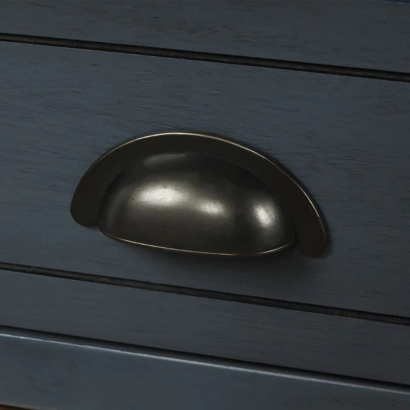 Banc de rangement d'entrée bleu antique avec 3 paniers en rotin et 3 tiroirs