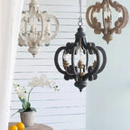 Beige brown farmhouse wood candelabra pendant light with six candle holders - Elirian