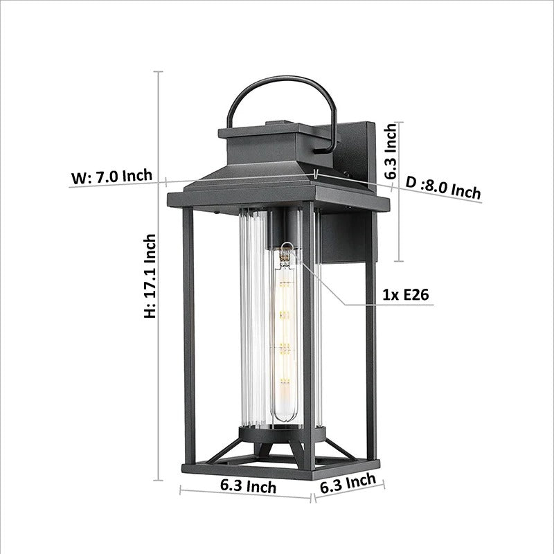 Modern black outdoor wall light with clear glass panels, weatherproof design, dimensions shown - Elirian