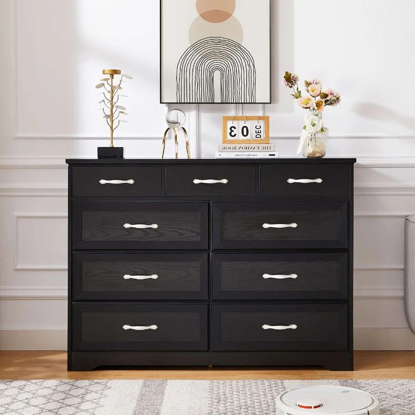 Nine-Drawer Black Wood Dresser with White Antique-Style Handles