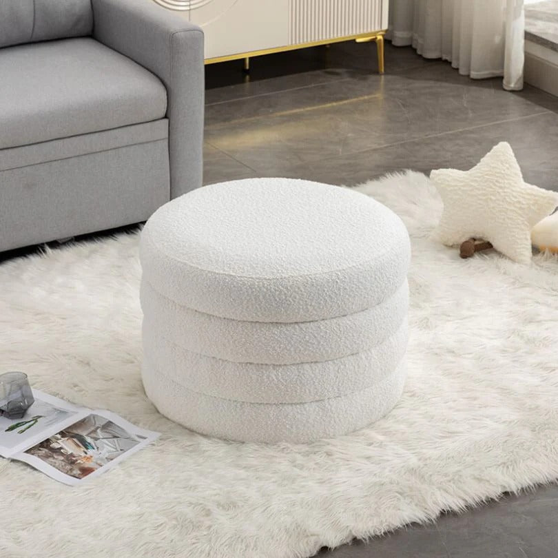 Ivory Round Soft Boucle Ottoman Footstool with Storage Capacity