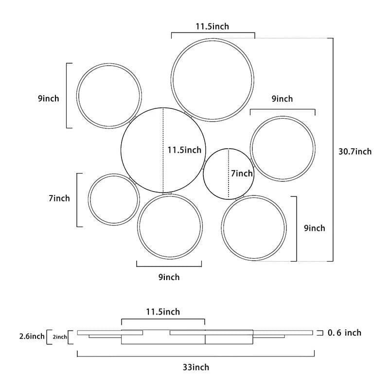Modern black 6-ring LED flush ceiling light with remote control dimensions - Elirian