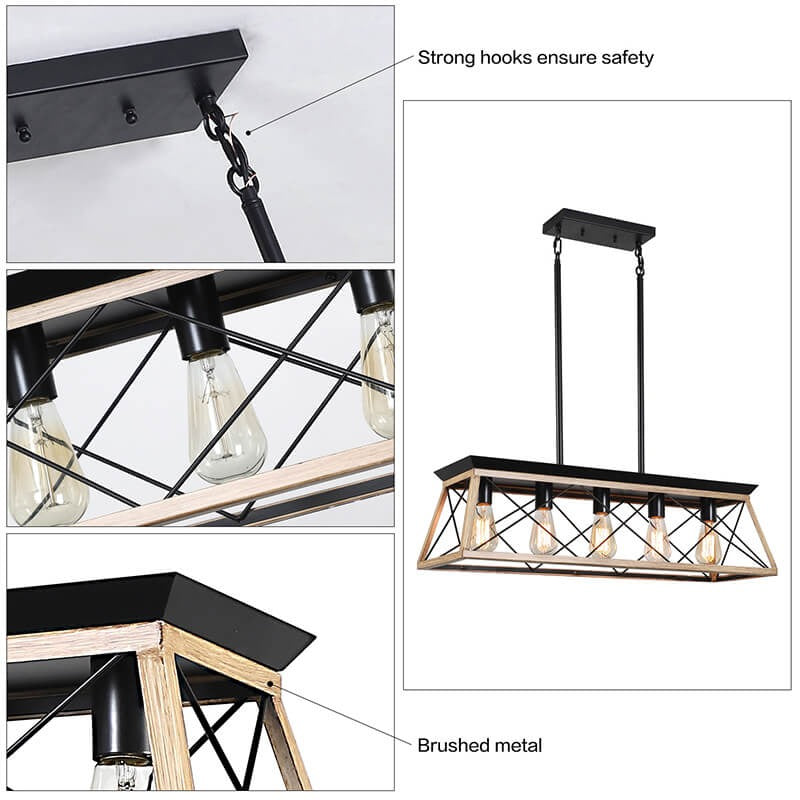 Farmhouse oak wood metal five-light linear pendant island light - Elirian