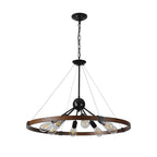 Walnut and black farmhouse 8-light wagon wheel pendant chandelier - Elirian