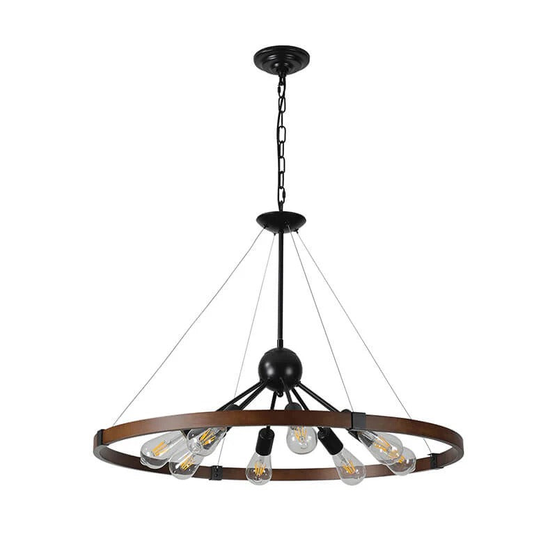 Walnut and black farmhouse 8-light wagon wheel pendant chandelier - Elirian