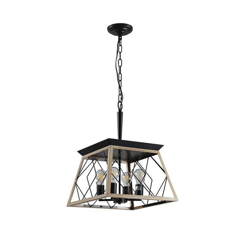 Farmhouse 4-light oak and antique metal pendant light fixture - Elirian