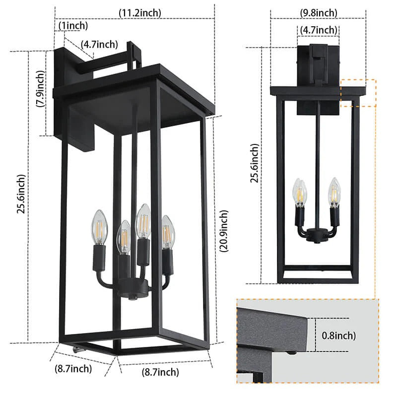 11.2" Black Candle-Style Outdoor Wall Light with Glass Panels & 4 Lights