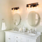 Rustic bathroom vanity light fixture with three clear glass shades and wood beam - Elirian