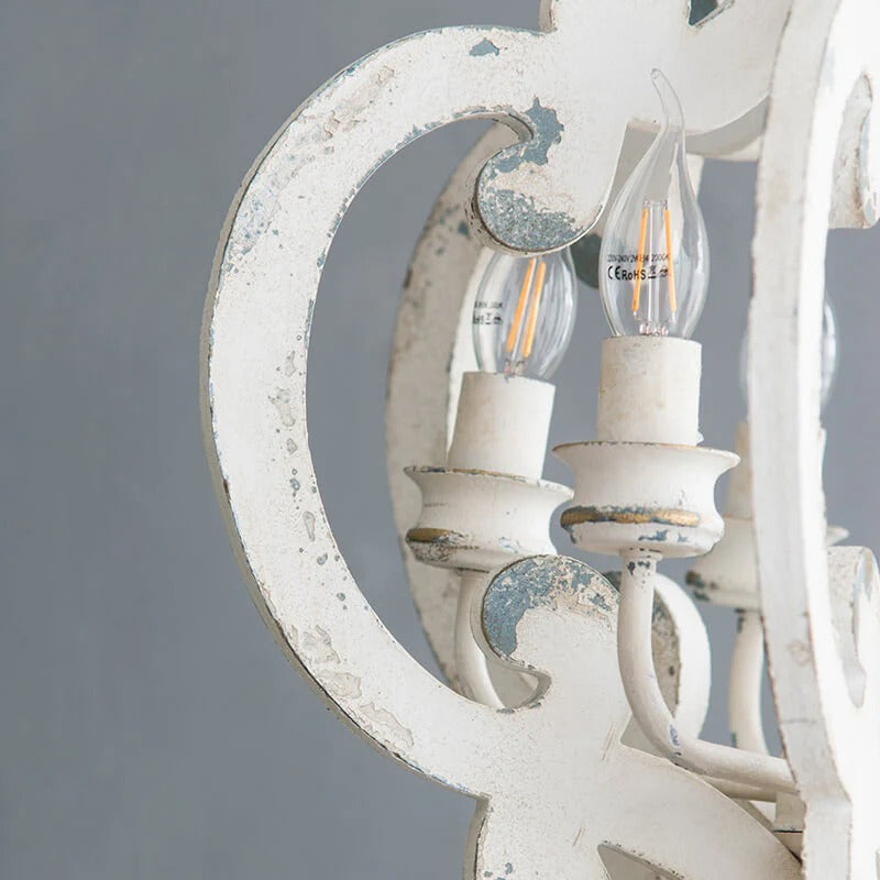 Antique White Wood & Iron 6-Light Farmhouse Pendant Light with Scrolled Arms