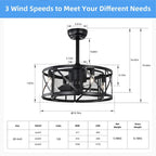 Industrial matte black caged ceiling fan with three wind speeds and dimensions - Elirian