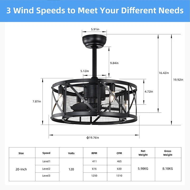 Industrial matte black caged ceiling fan with three wind speeds and dimensions - Elirian