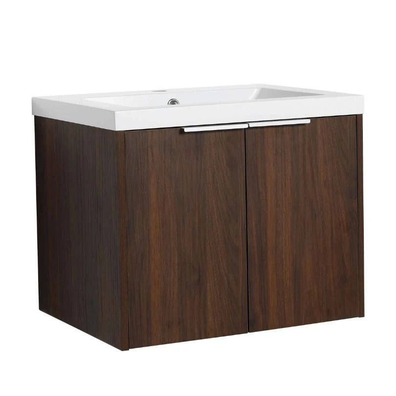 24" Dark Walnut Floating Bathroom Vanity with Resin Sink & Soft-Close Doors