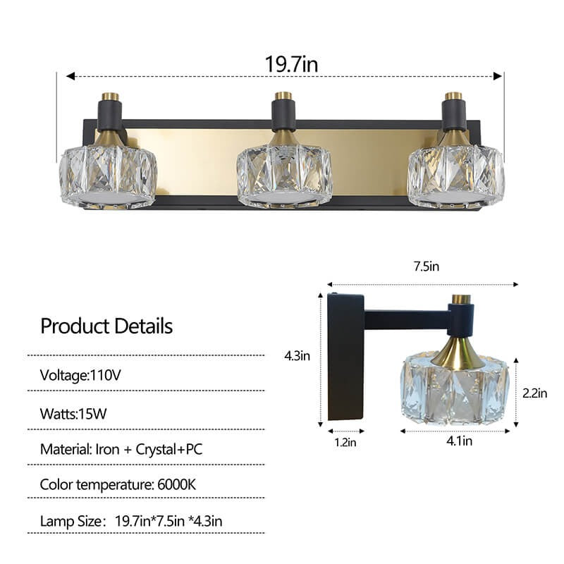Modern 3-light crystal bathroom vanity fixture with brushed gold accents - Elirian