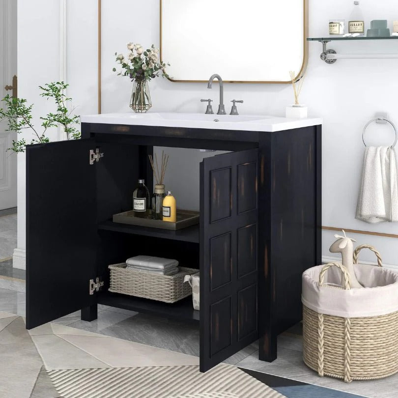 36" Retro Espresso Bathroom Vanity with Resin Sink & Soft-Close Cabinet