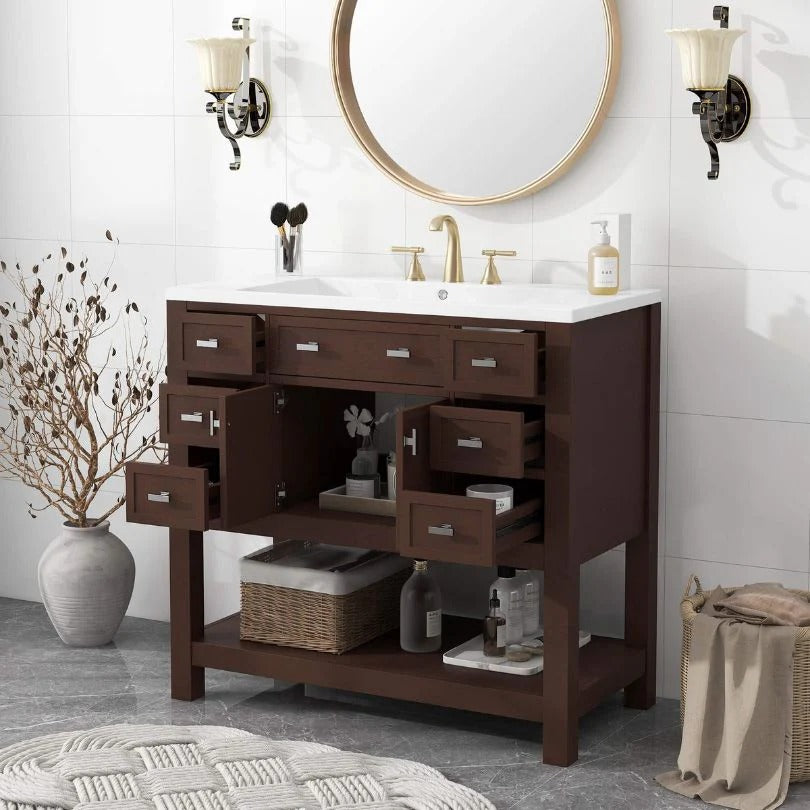 36" Brown Bathroom Vanity with Sink, Soft-Close Cabinet & Storage Drawers