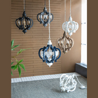 Cream wood farmhouse pendant light with six candle-style bulbs hanging indoors - Elirian