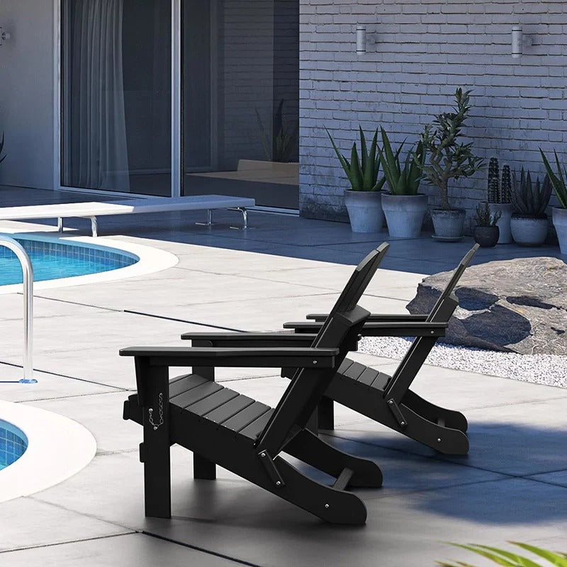 Antique Black Folding HDPE Adirondack Lounge Chair with Wide Armrests