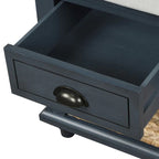 Banc de rangement d'entrée bleu antique avec 3 paniers en rotin et 3 tiroirs