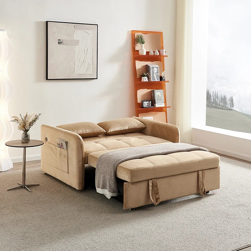 Canapé-lit convertible moderne en velours capitonné avec rangement et port USB
