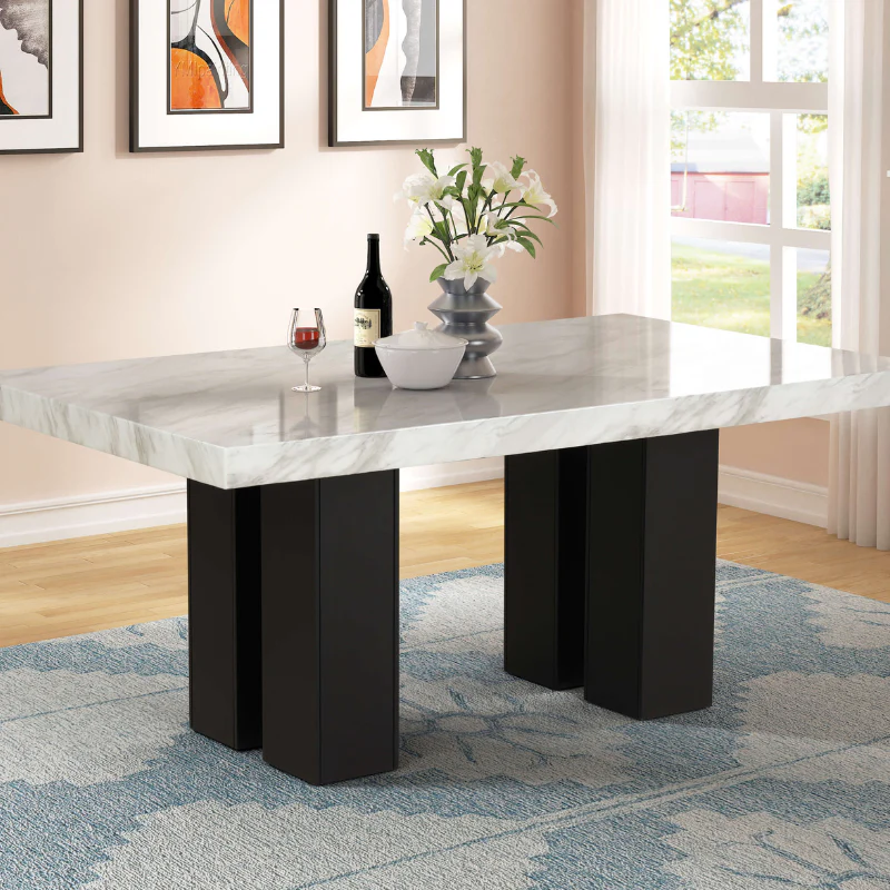 Grey Rectangle Faux Marble Dining Table with Geometric Block Pedestal Base