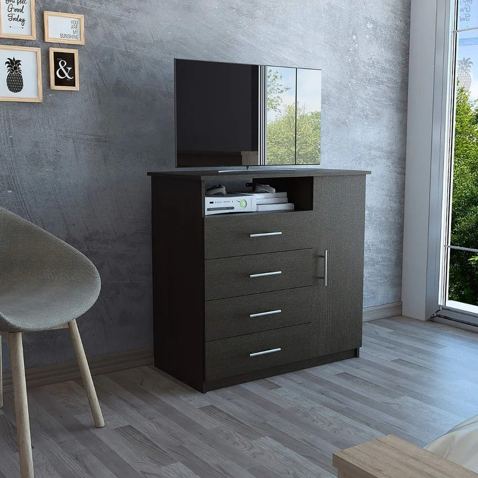 Modern Black Wengue 4-Drawer Dresser with Open Shelf & Door