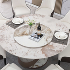Beige Round Sintered Stone Dining Table with Turntable & X-Shaped Metal Base