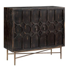 Distressed Black Two-Door Cabinet with Carved Fronts and Bronze Legs