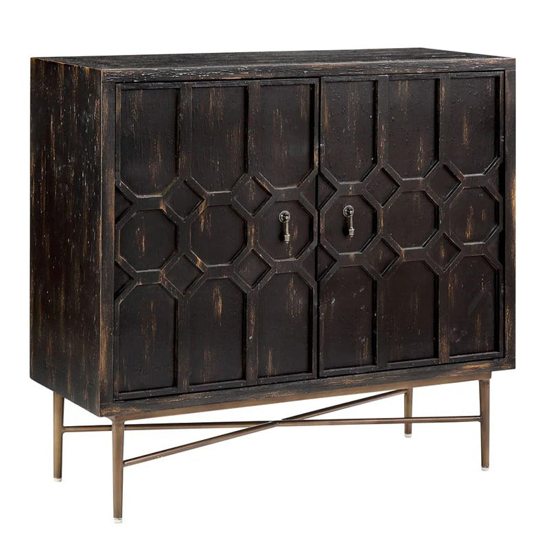 Distressed Black Two-Door Cabinet with Carved Fronts and Bronze Legs