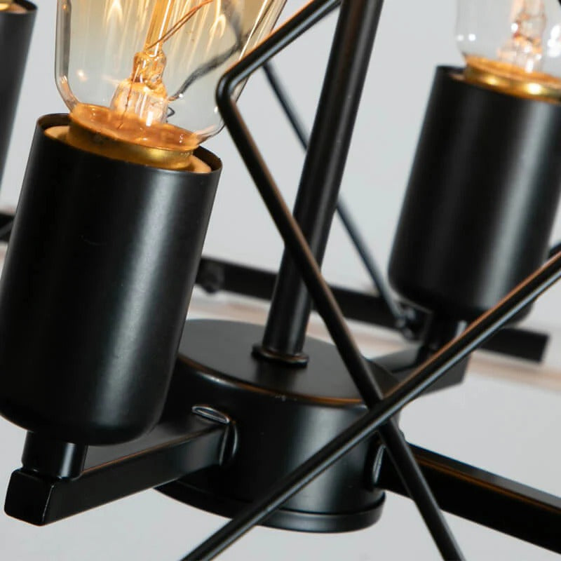 Modern farmhouse four-light pendant fixture with black metal frame and warm oak accents - Elirian