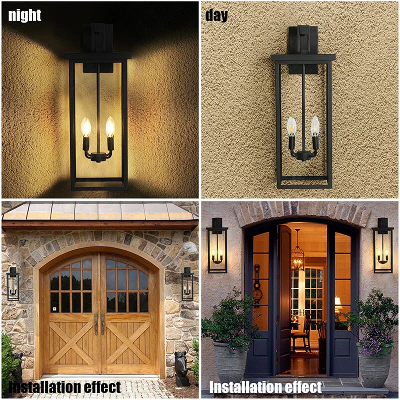 11.2" Black Candle-Style Outdoor Wall Light with Glass Panels & 4 Lights