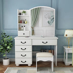 White makeup vanity table with LED mirror, drawers and storage shelves for modern bedroom - Elirian