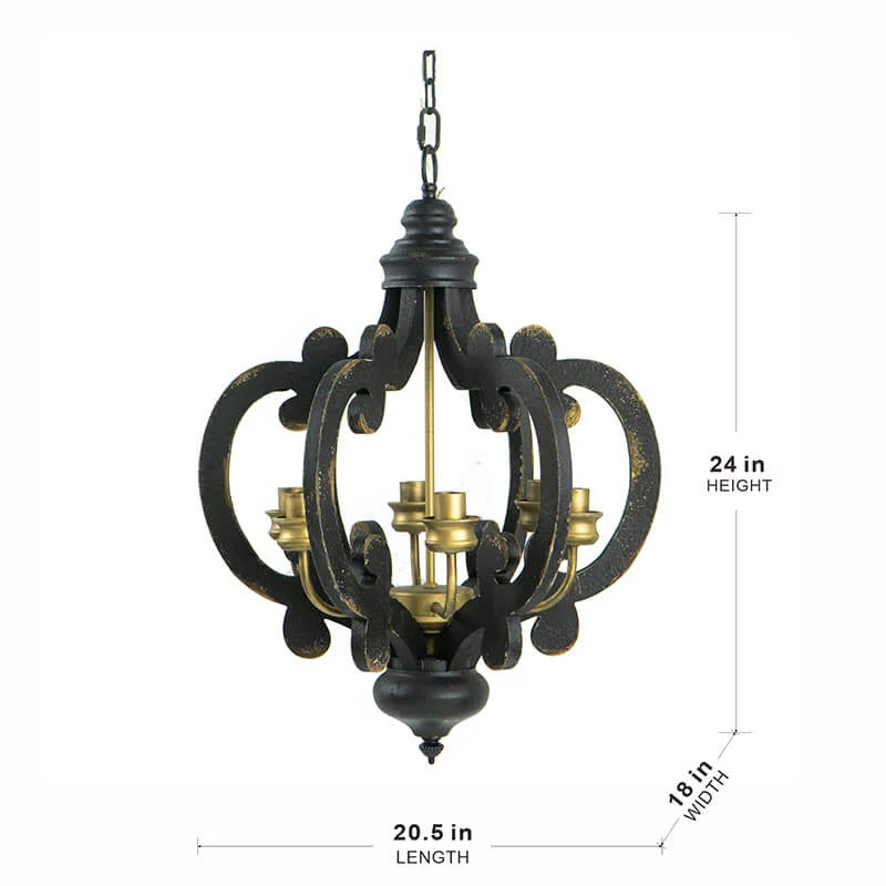 French 6-Light Black Country Wood Pendant Light Fixture - Elirian