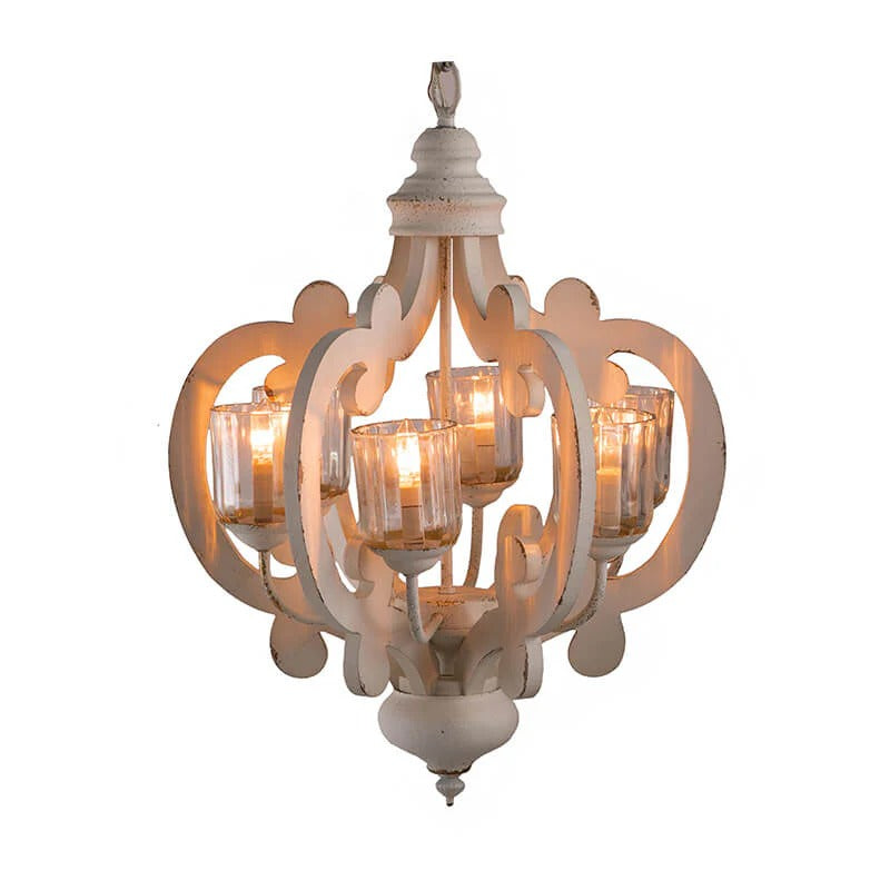 Farmhouse 6-light cream wood candelabra pendant light with glass cylinders - Elirian
