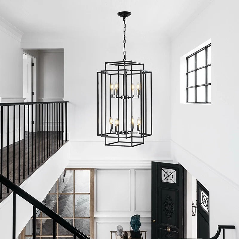 18" Farmhouse Black & Silver Tiered Lantern Chandelier with 8 Lights