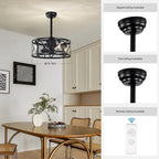 Industrial matte black caged ceiling fan with light and remote control compatibility - Elirian
