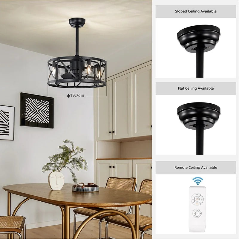 Industrial matte black caged ceiling fan with light and remote control compatibility - Elirian