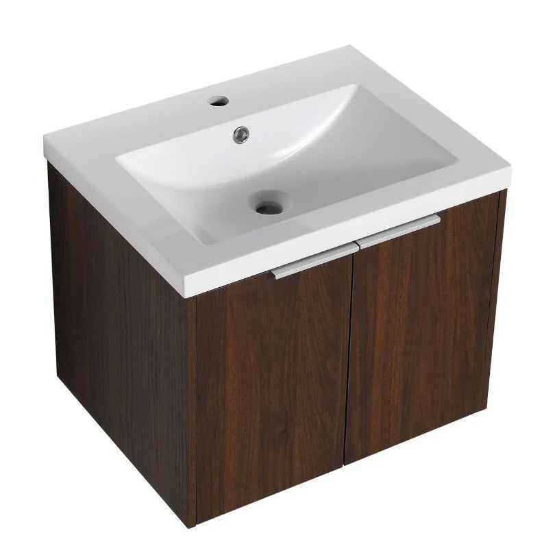 24" Dark Walnut Floating Bathroom Vanity with Resin Sink & Soft-Close Doors