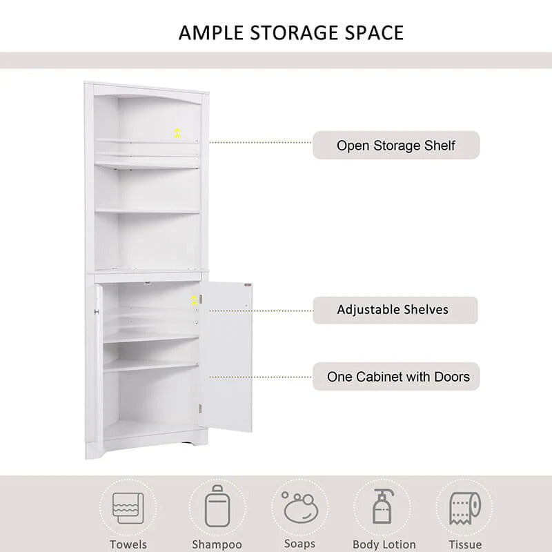 24" White Corner Storage Cabinet with Adjustable Shelves and Doors