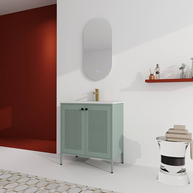 30" Mint Green Steel Bathroom Vanity with Ceramic Sink and Mesh Doors