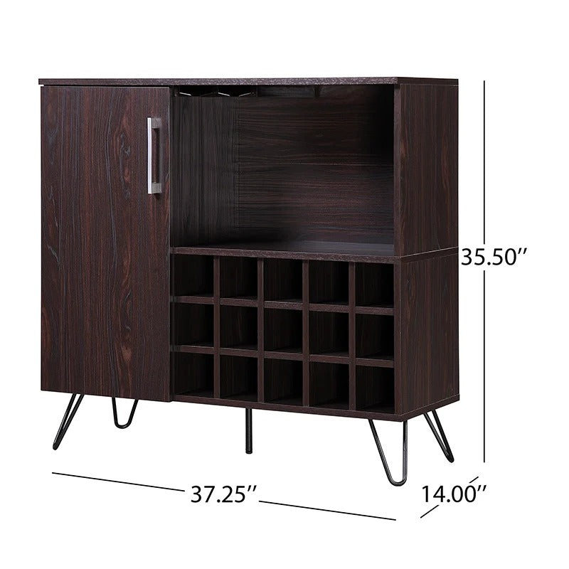 Mid-Century Brown Rectangular Wine Cabinet with 15 Wine Cubbies & Storage