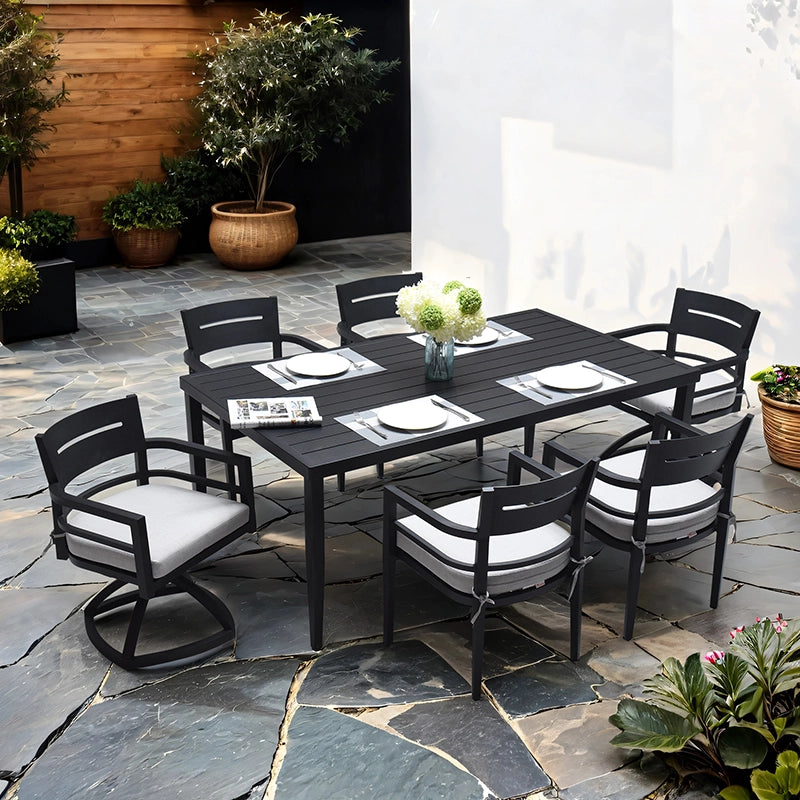 Black Aluminum 7-Piece Outdoor Dining Set - Table, Chairs & Swivel Rockers