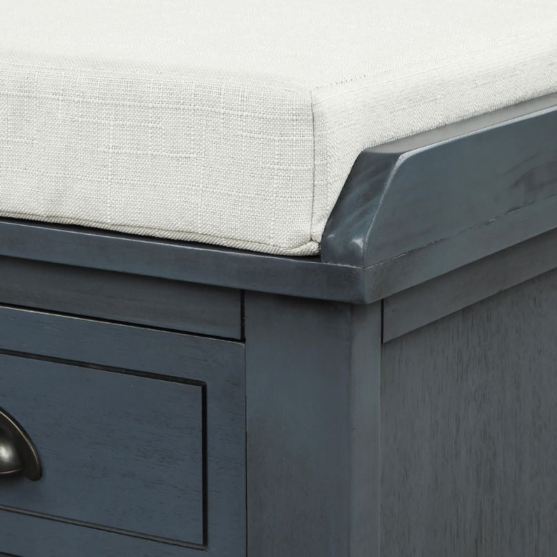 Banc de rangement d'entrée bleu antique avec 3 paniers en rotin et 3 tiroirs