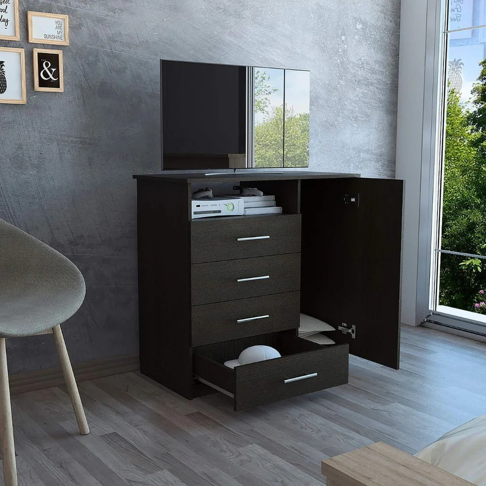 Modern Black Wengue 4-Drawer Dresser with Open Shelf & Door
