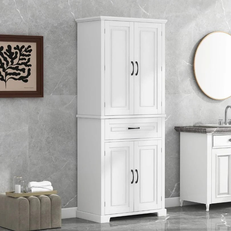 Tall White Bathroom Storage Cabinet with Adjustable Shelves, Drawers & Doors
