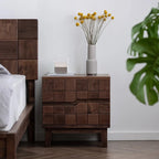 Solid Walnut 2-Drawer Nightstand with Geometric Tile Front & Metal Handles