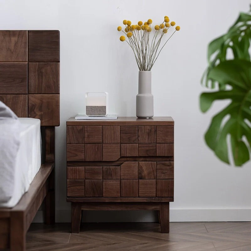 Solid Walnut 2-Drawer Nightstand with Geometric Tile Front & Metal Handles