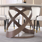 Beige Round Sintered Stone Dining Table with Turntable & X-Shaped Metal Base