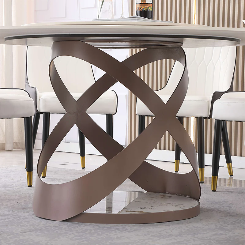 Beige Round Sintered Stone Dining Table with Turntable & X-Shaped Metal Base