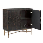 Distressed Black Two-Door Cabinet with Carved Fronts and Bronze Legs