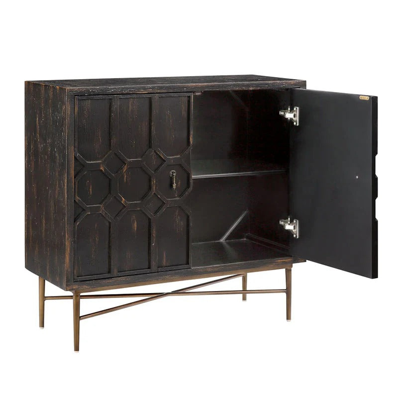 Distressed Black Two-Door Cabinet with Carved Fronts and Bronze Legs